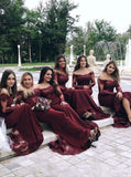 long sleeves burgundy mermaid bridesmaids dresses illusion off shoulder lace appliques