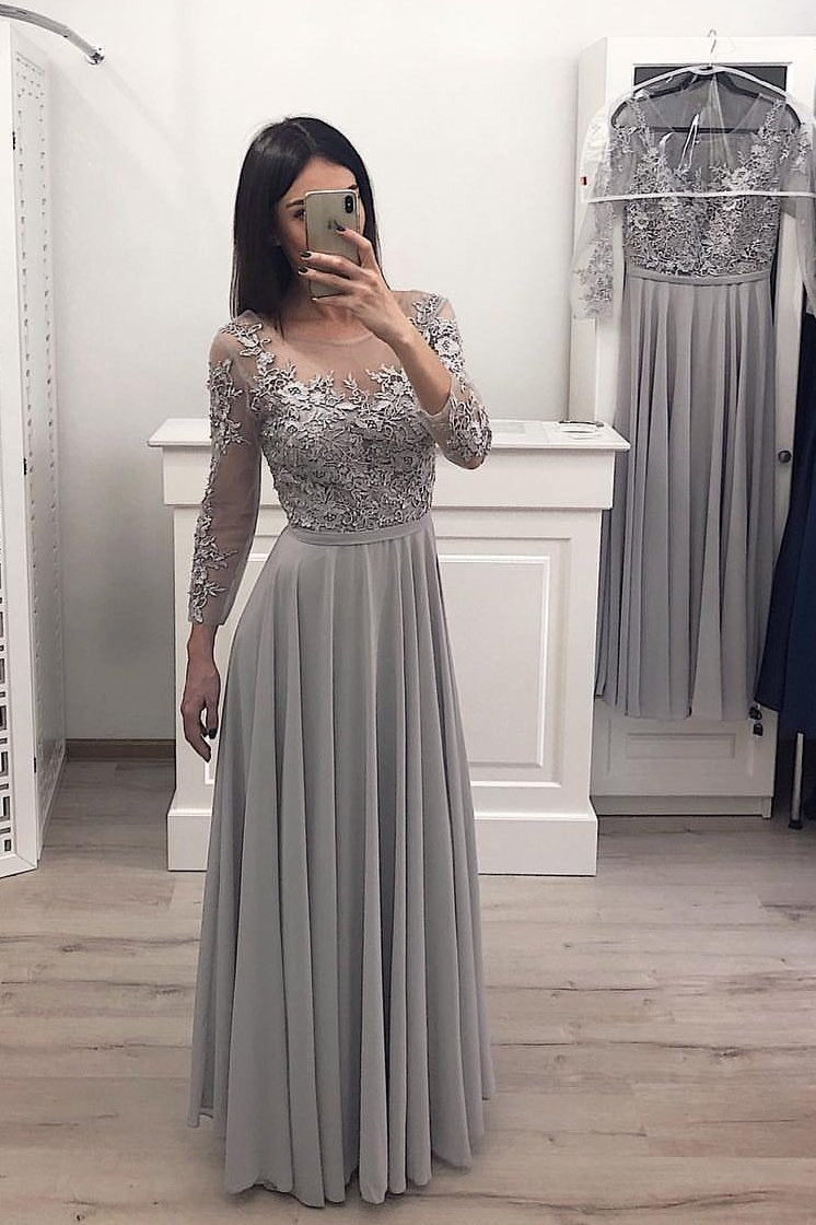 long sleeves chiffon long prom gown appliques bridesmaid dresses