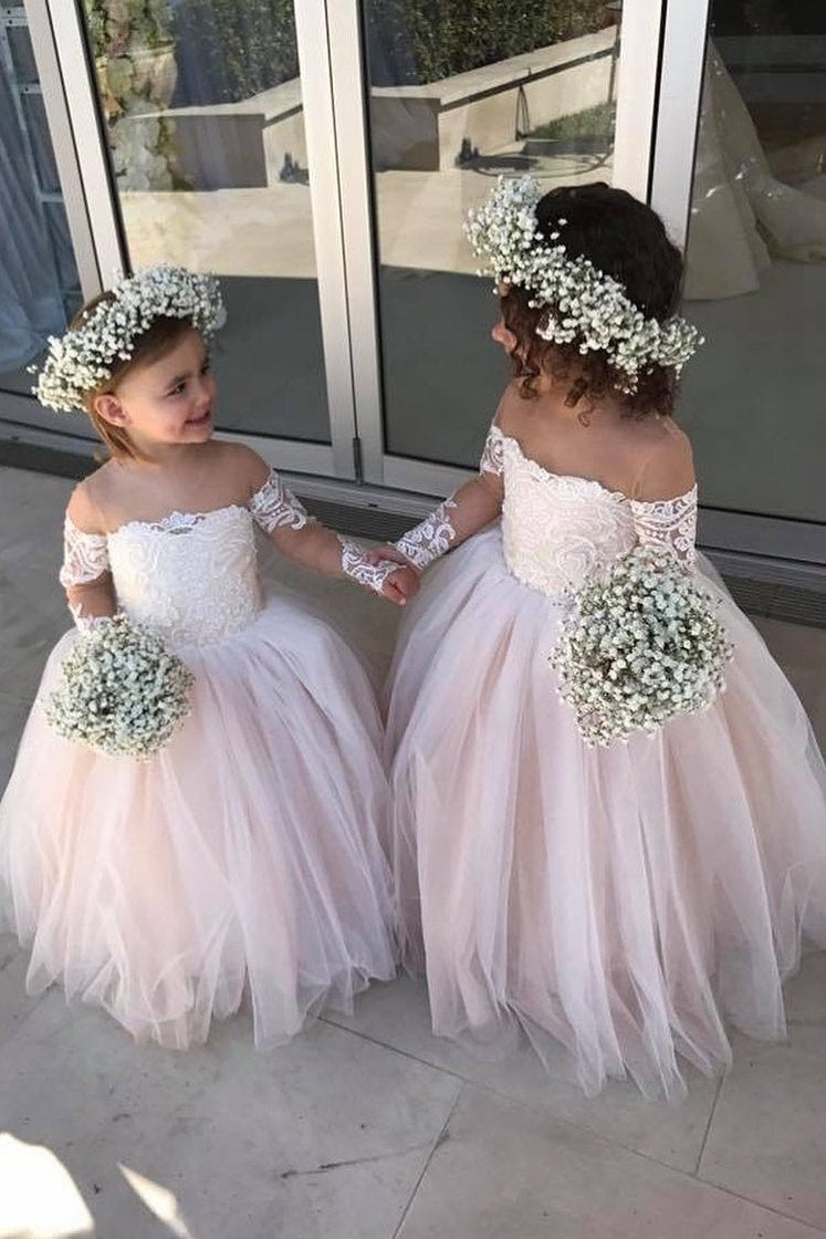 chic off the shoulder tulle long sleeves flower girl dresses pf122