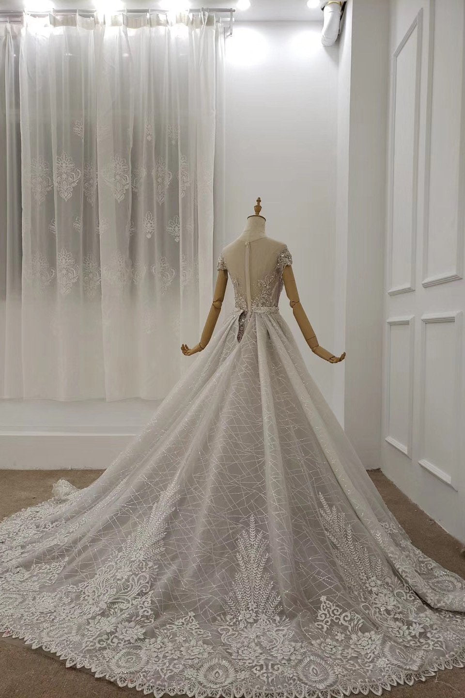 Cap sleeves sheer neckline beaded formal dresses with detachable train mg127