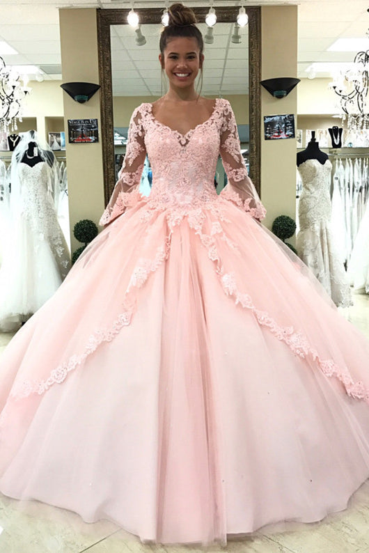 sweeet 16 ball gown long sleeve appliques prom quinceanera dresses