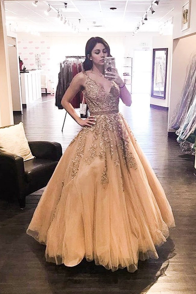 v neck plus size prom dress beaded appliques floor length quinceanera dress