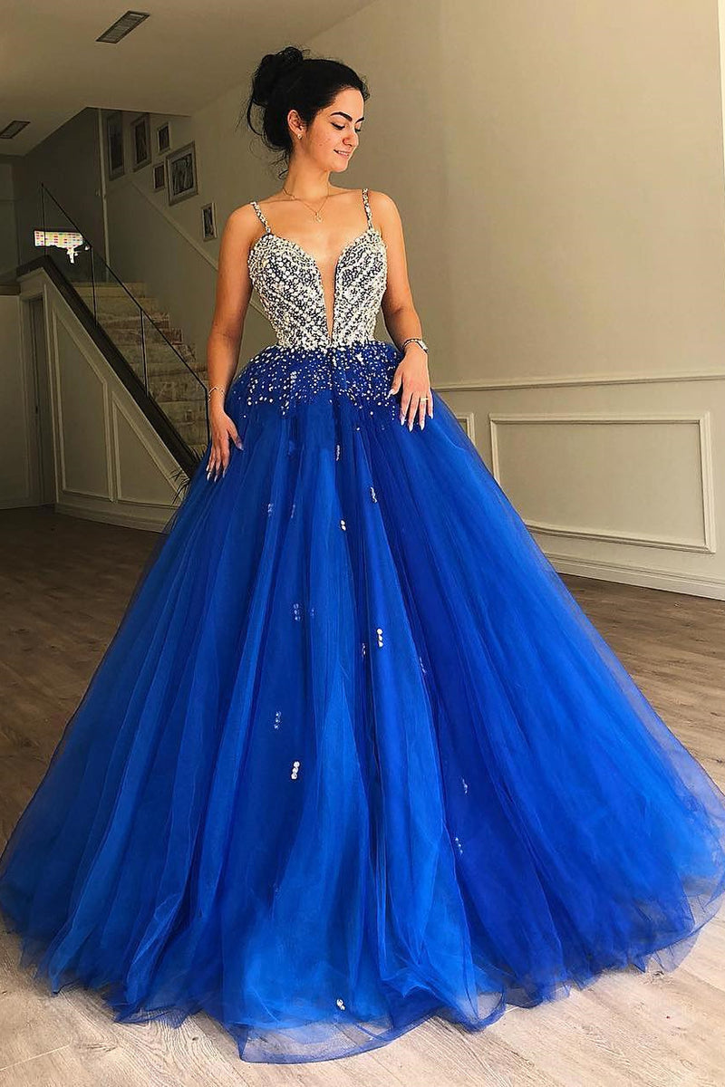 ball gown tulle beaded bodice prom dress royal blue quinceanera dress