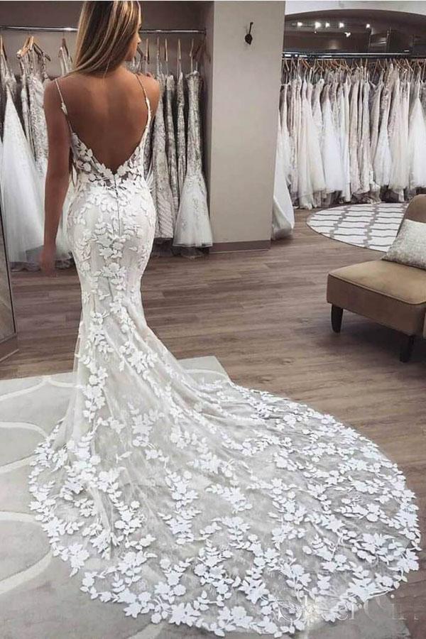 spaghetti strap vintage mermaid lace appliques wedding dress mw288