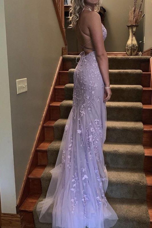 trumpet mermaid lace backless lilac long prom graduation dress