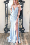 mermaid light blue sequin long prom dress with appliques slit long evening dress