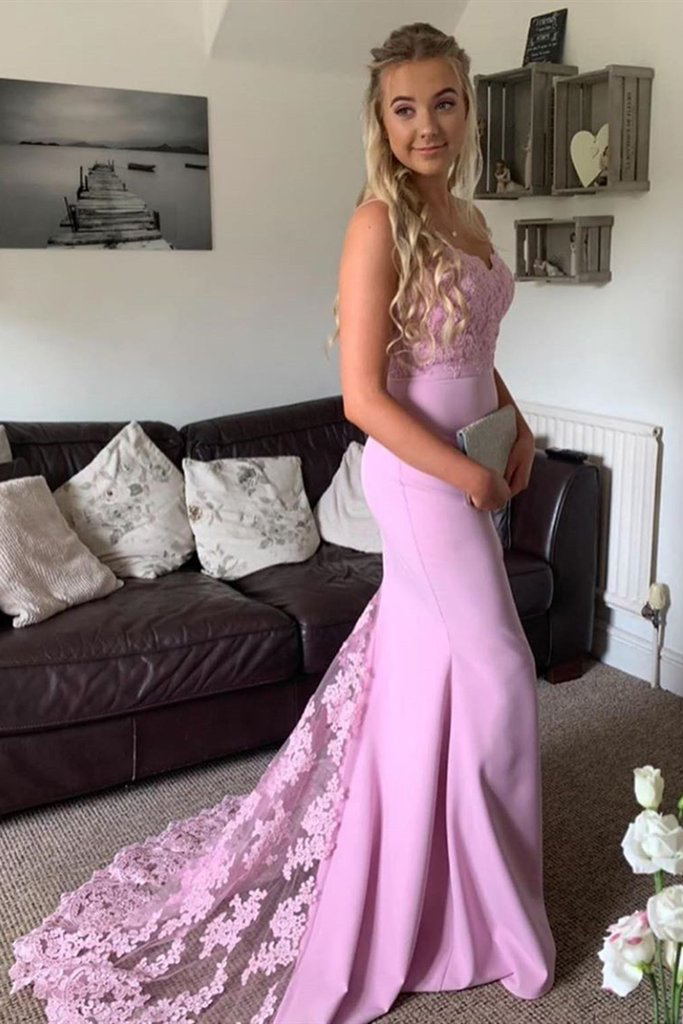 mermaid light purple prom dresses with lace train long pageant party dress