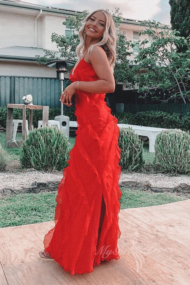 mermaid red chiffon ruffles long prom dress evening dresses with cascading frills