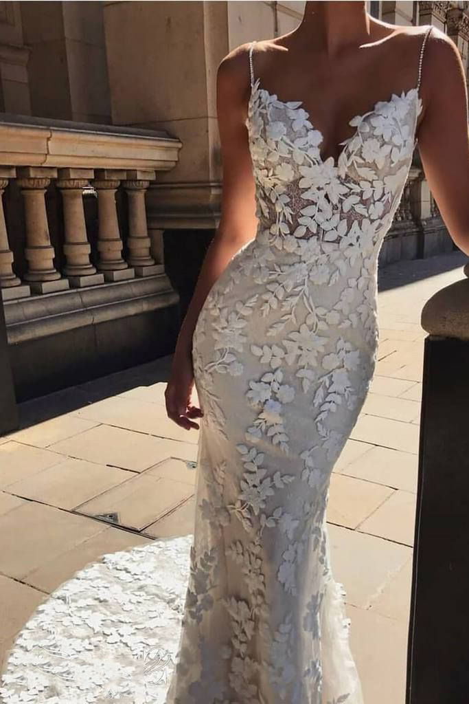 mermaid spaghetti straps backless lace wedding dresses lace bridal gowns