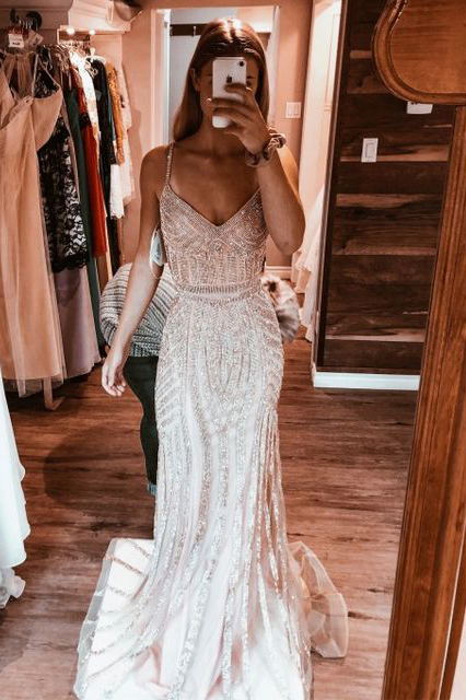 spaghetti straps long sequined mermaid prom evening dress