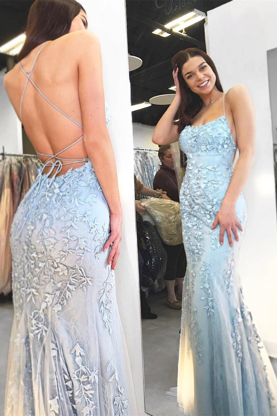 mermaid backless light sky blue prom dress tulle spaghetti appliques evening gown