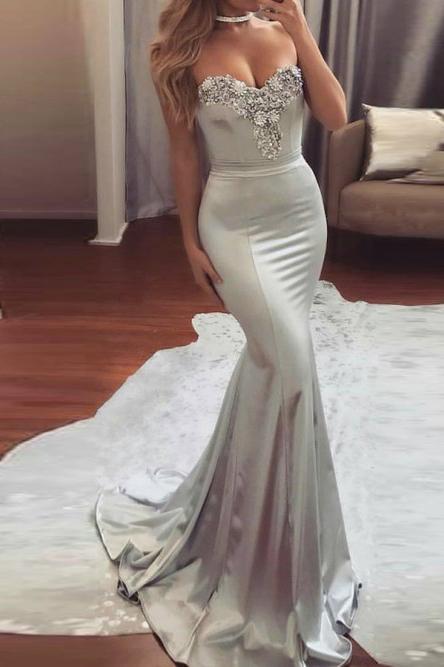 mermaid beading evening dress silver fishtail prom dress