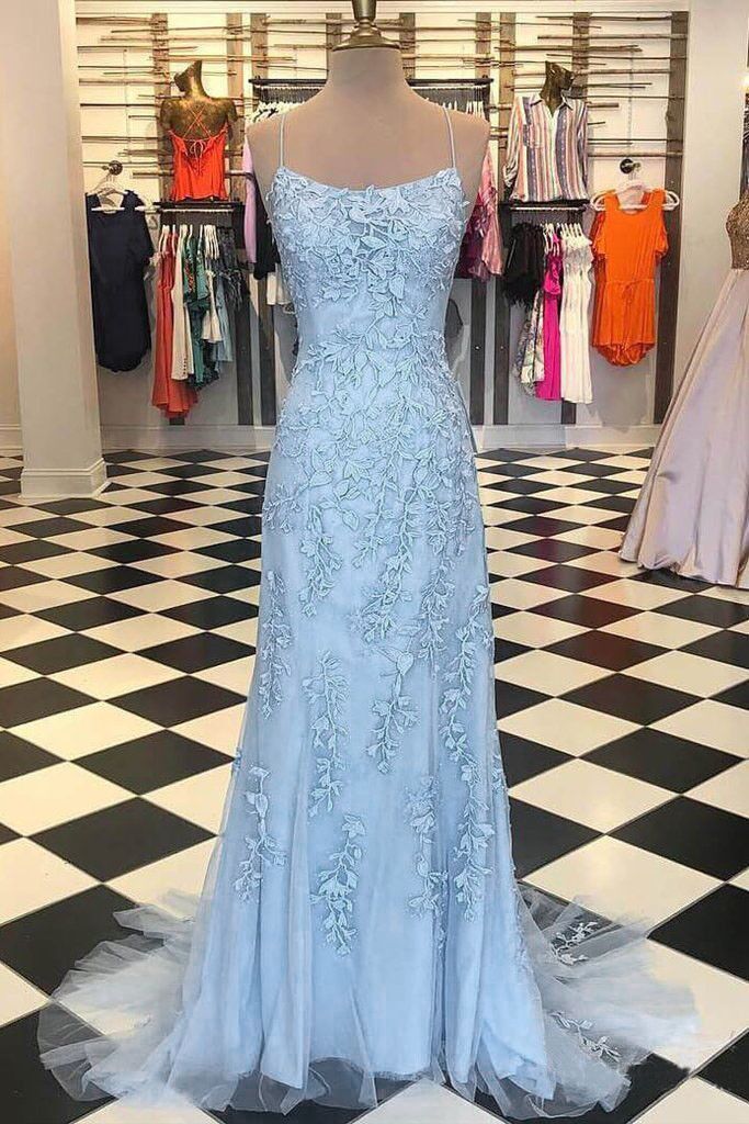 mermaid backless light sky blue prom dress tulle spaghetti appliques evening gown