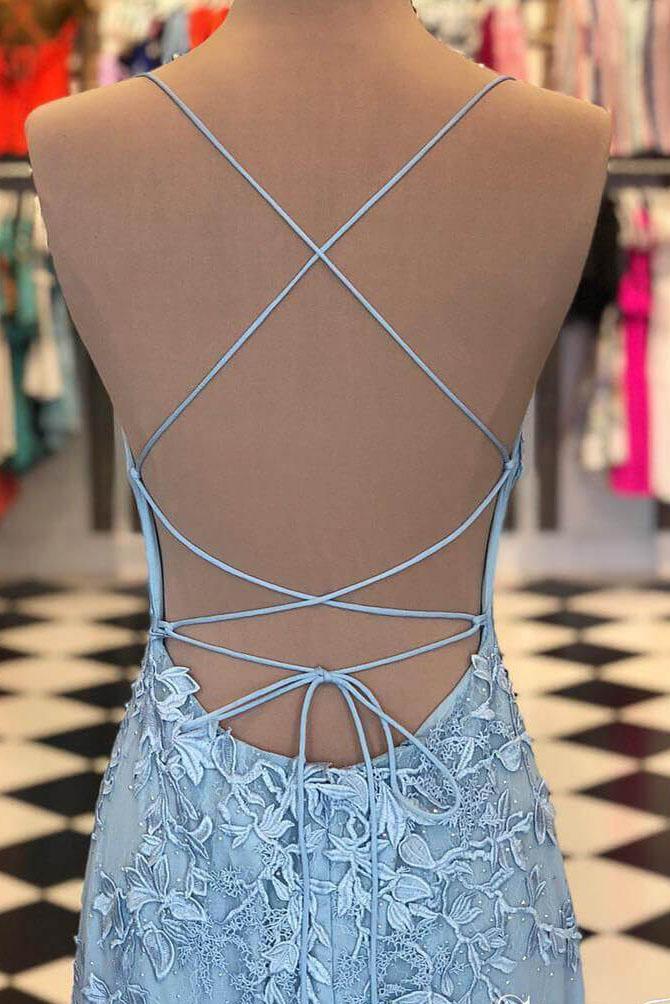 mermaid backless light sky blue prom dress tulle spaghetti appliques evening gown