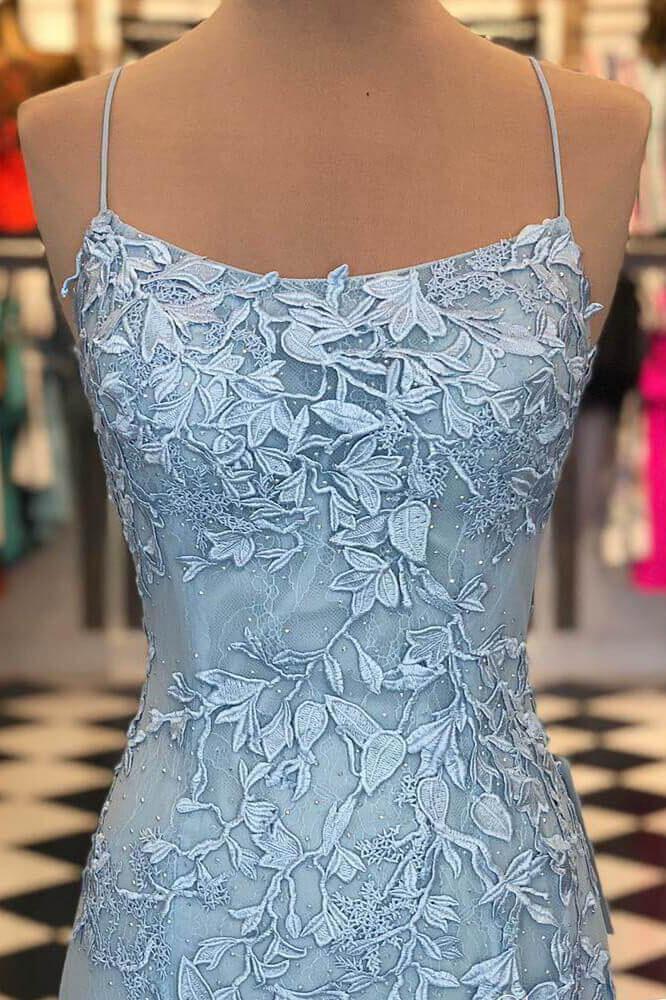 mermaid backless light sky blue prom dress tulle spaghetti appliques evening gown