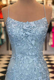 mermaid backless light sky blue prom dress tulle spaghetti appliques evening gown