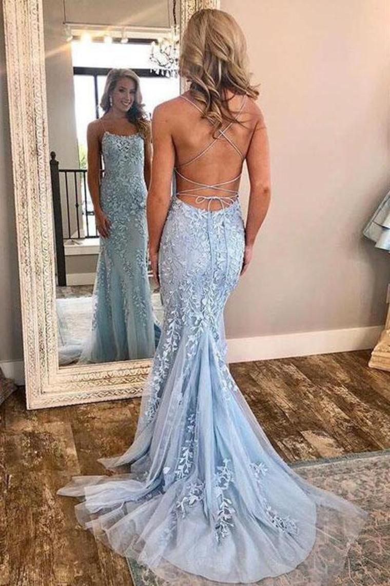 mermaid backless light sky blue prom dress tulle spaghetti appliques evening gown