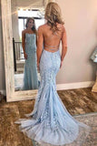 mermaid backless light sky blue prom dress tulle spaghetti appliques evening gown