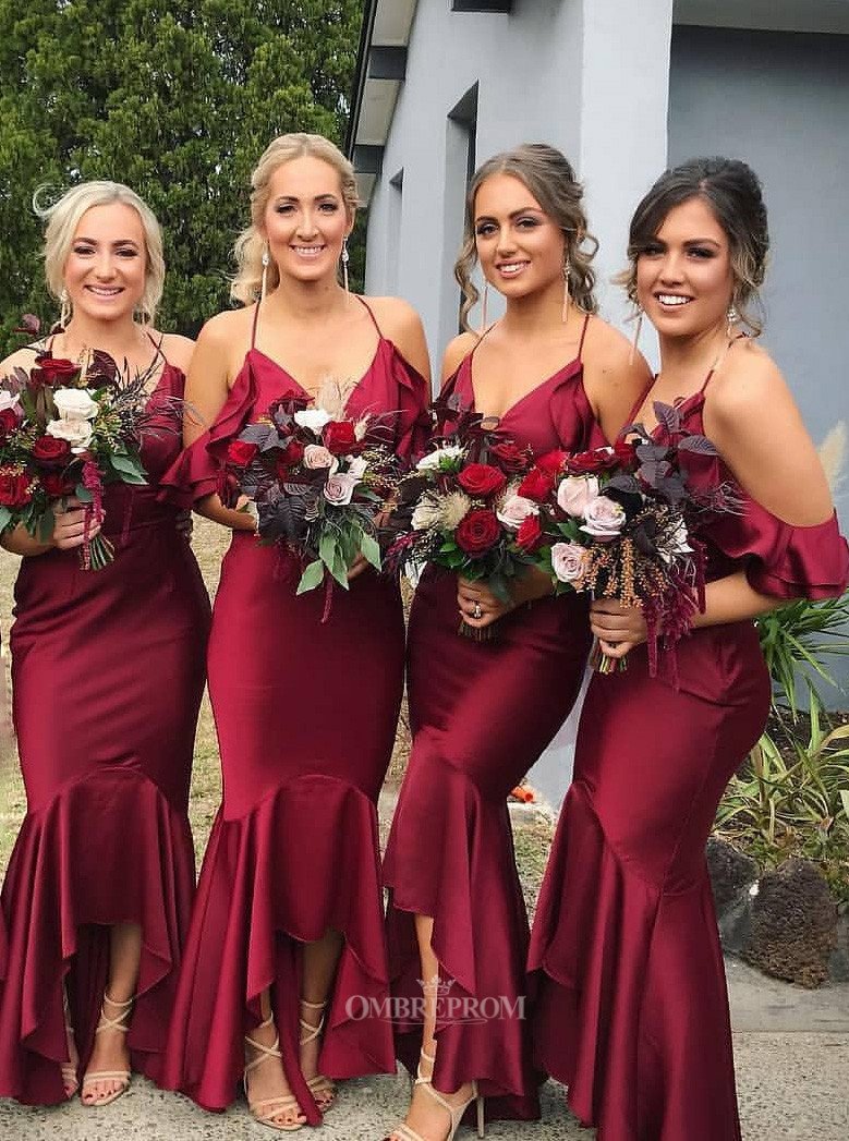 mermaid burgundy bridesmaid dresses v neck asymmetry ruffles
