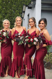 mermaid burgundy bridesmaid dresses v neck asymmetry ruffles