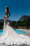 charming mermaid v neck backless lace beach wedding dress with pocket