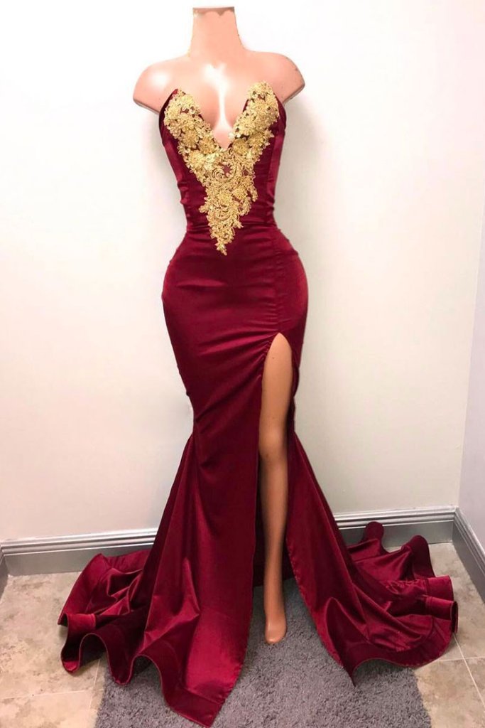 mermaid gold applique burgundy prom evening gowns with split