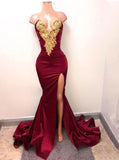 Mermaid Gold Applique Burgundy Prom Evening Gowns With Split MP816