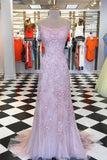 mermaid backless light sky blue prom dress tulle spaghetti appliques evening gown