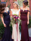 mermaid off the shoulder satin burgundy navy bridesmaid dresses