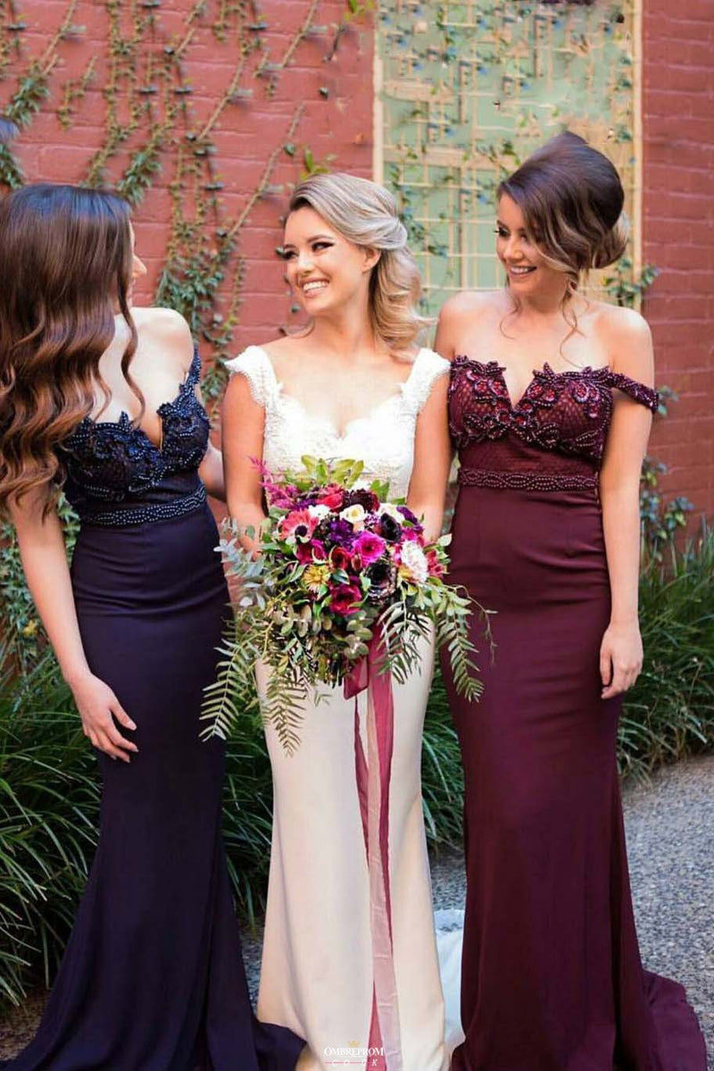 mermaid off the shoulder satin burgundy navy bridesmaid dresses