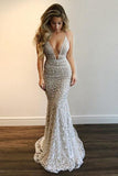 mermaid plunging neckline lace backless prom dress with sequins
