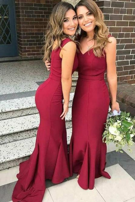 mermaid trumpet v neck satin burgundy bridesmaid dresses with ruffles
