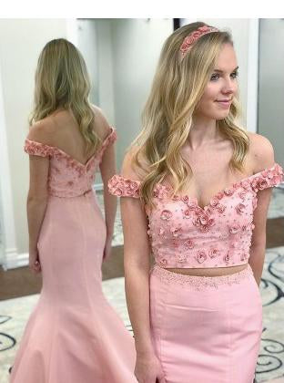 off shoulder pink mermaid graduation dress two piece floral beading long prom dress