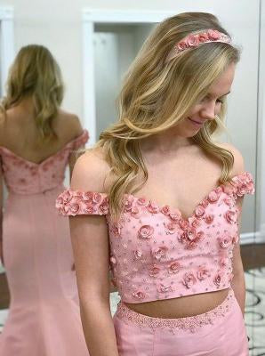 off shoulder pink mermaid graduation dress two piece floral beading long prom dress