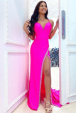 Hot Pink V Neck Mermaid Prom Dress With Slit, Long Evening Dresses GP408