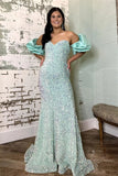 pink off the shoulder puff sleeves sequins long prom dress mermaid evening gown