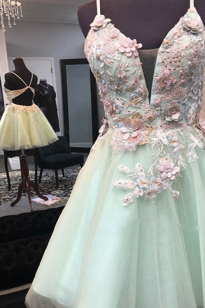mint green short homecoming dress with appliques tulle graduation dress