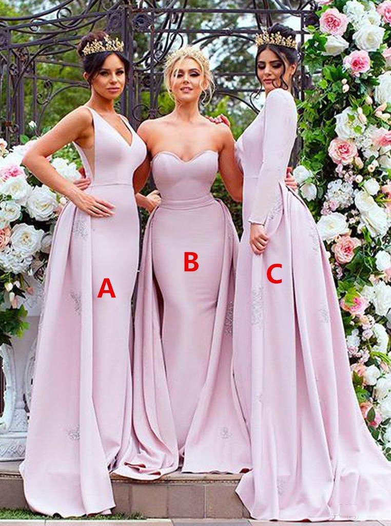 mismatched styles mermaid overskirt pink bridesmaid dresses