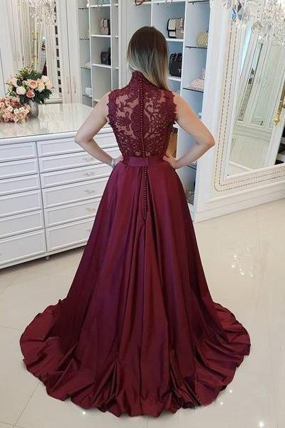 high neck prom dresses burgundy a line lace applique evening gown