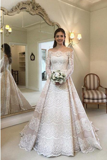 modest lace bridal gown off the shoulder long sleeves wedding dress