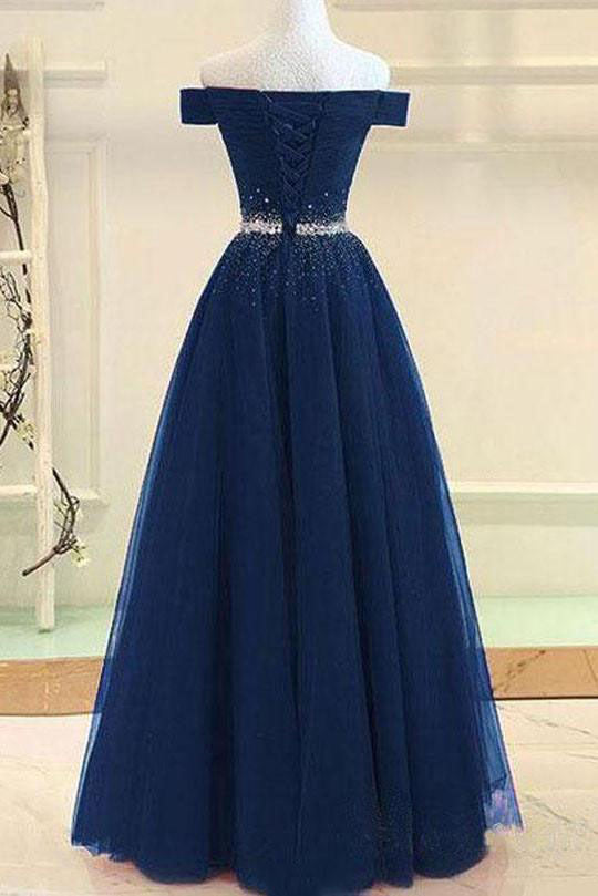 modest off shoulder a line tulle prom formal dress with beading