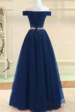 modest off shoulder a line tulle prom formal dress with beading