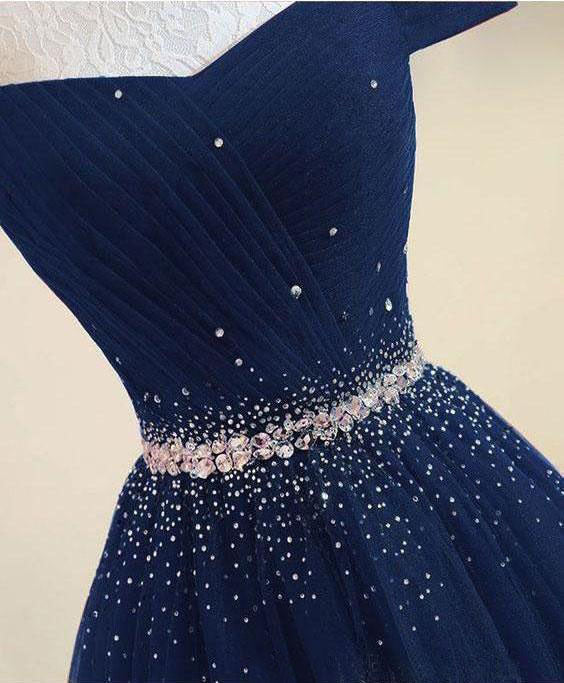modest off shoulder a line tulle prom formal dress with beading