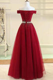 modest off shoulder a line tulle prom formal dress with beading