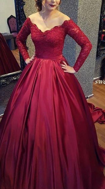 modest off the shoulder lace burgundy ball gown long prom dress with long sleeves