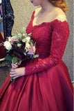 modest off the shoulder lace burgundy ball gown long prom dress with long sleeves