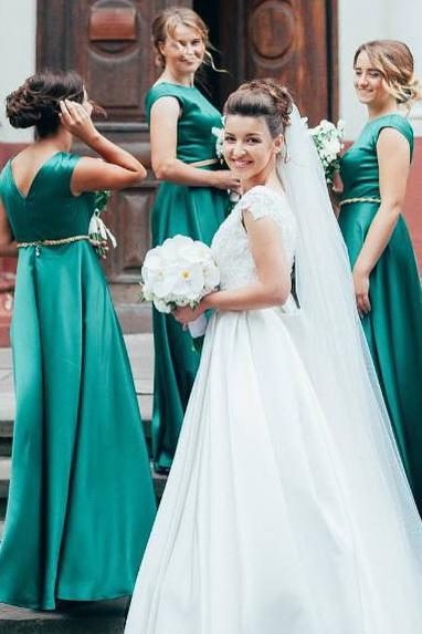 modest scoop long a line satin green bridesmaid dresses