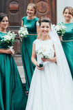 modest scoop long a line satin green bridesmaid dresses