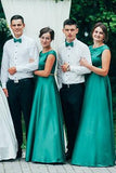 modest scoop long a line satin green bridesmaid dresses