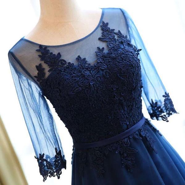 a line scoop neck dark blue long prom dresses with sleeves